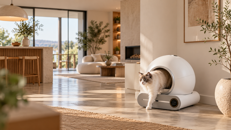 Litière automatique intelligente blanche dans un salon élégant, un chat bengal en sort
