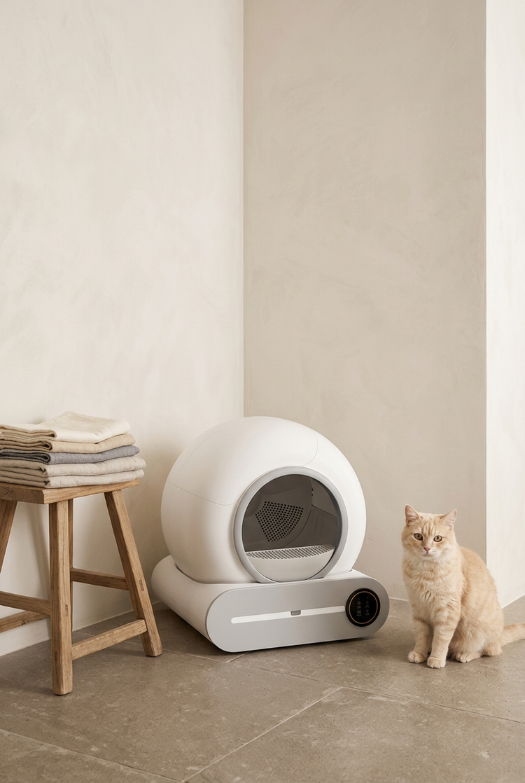 Litière automatique dans une salle de bain minimaliste, un chat roux assis à côté
