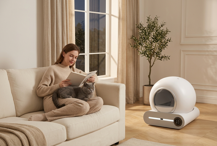 Une femme lit sur un canapé avec son chat, la litière automatique en arrière-plan